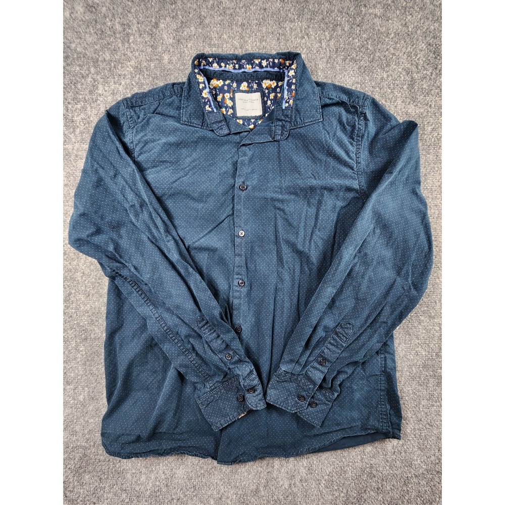 Denim & Flower Ricky Singh Mens Large Navy Blue Polka Dot Floral Trim Shirt L